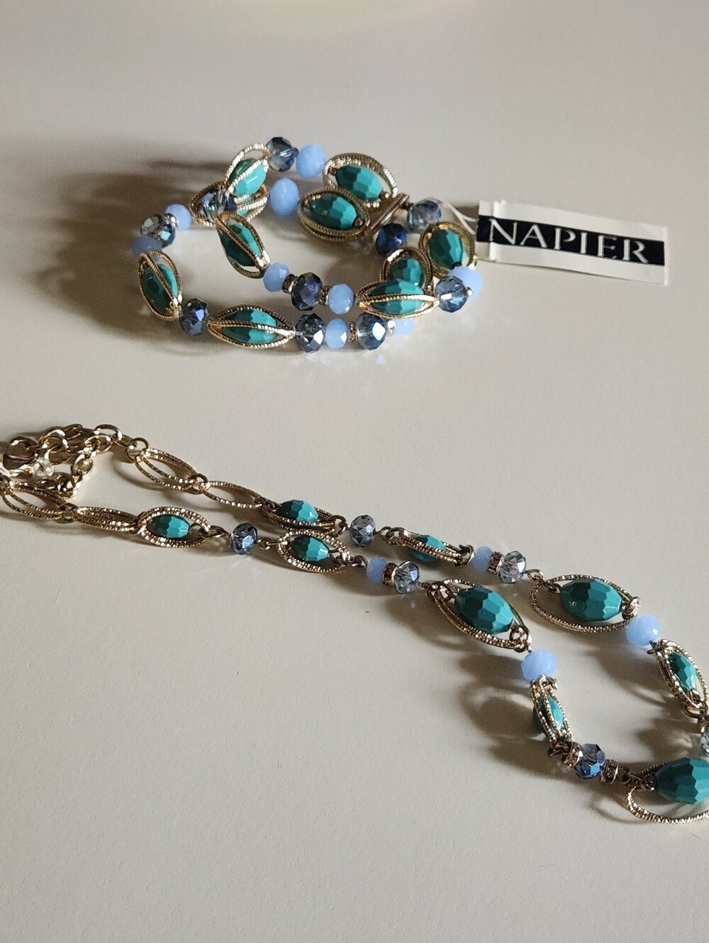 Napier Necklace & Bracelet Set Gold Tone Oval Chain Links Sea Green Blue Beads - Picture 6 of 16